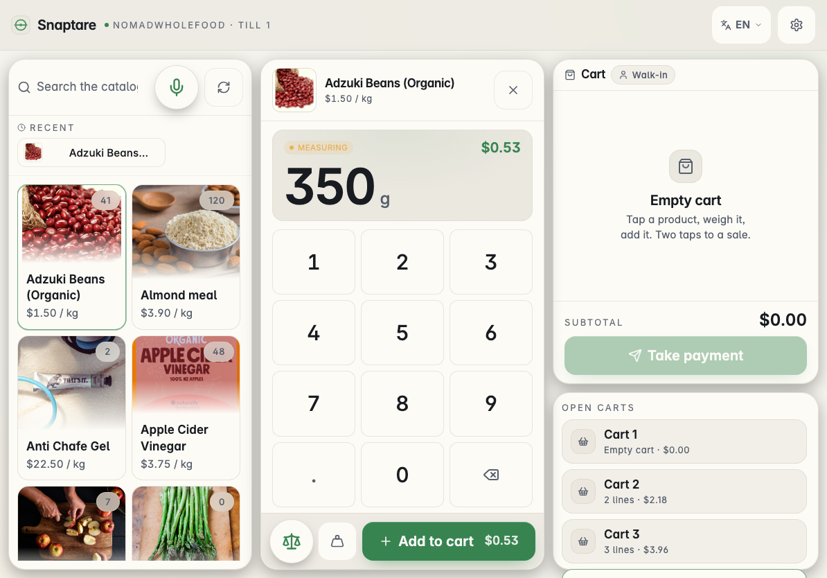 Active product Adzuki Beans selected, numpad below, weight 350g entered, price computed