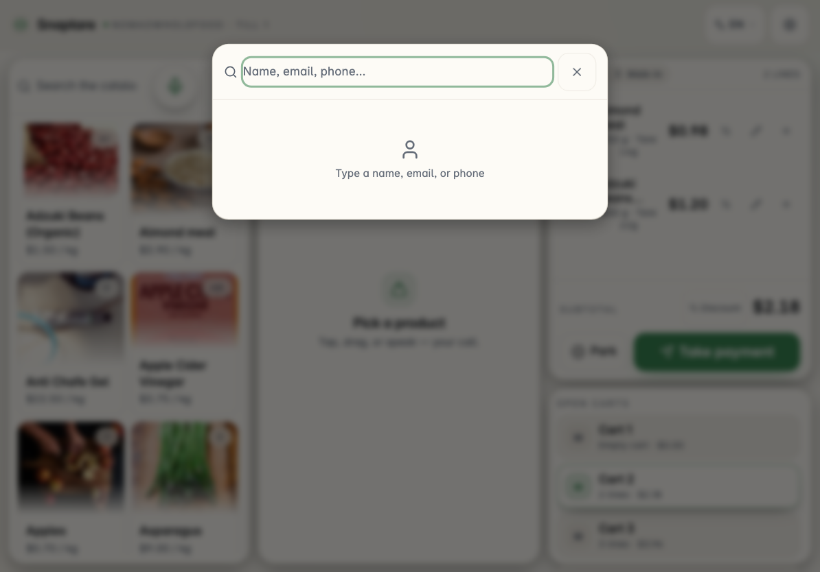 Customer search modal open with input focused